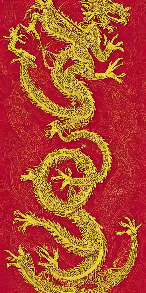 Prompt: golden paper + an intricate dragon depiction + symmetry + elaborate red illustration