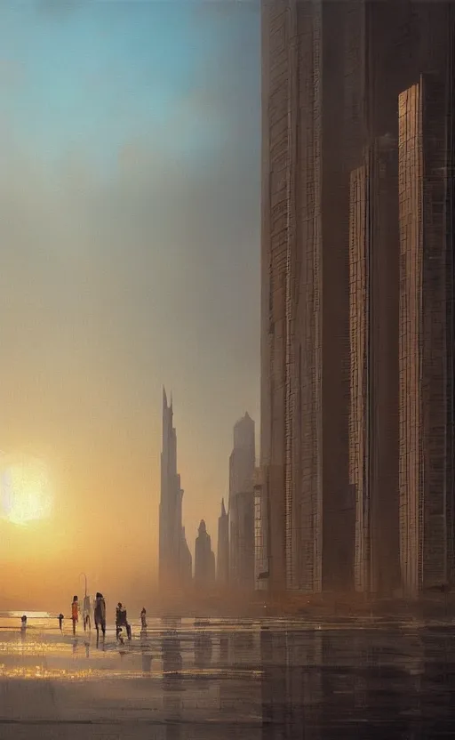 Image similar to oil painting of dubai skyline at sunset, natural light, concept art, by greg rutkowski, cozy atmospheric and cinematic lighting