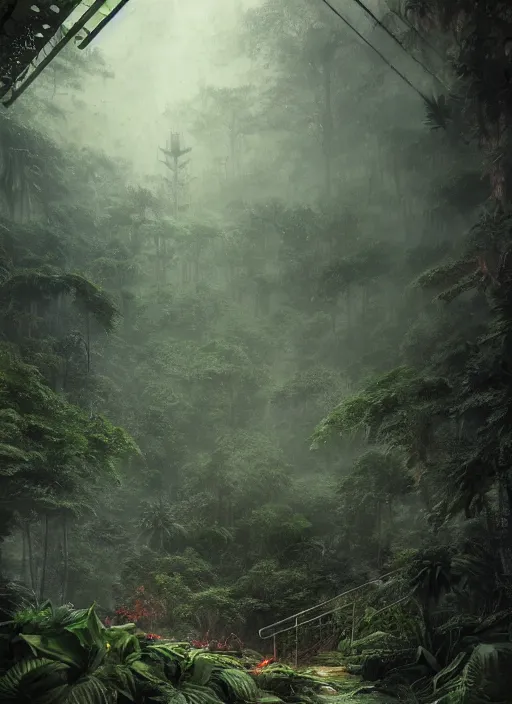 Image similar to aircraft carrier USS Nimitz overgrown with vegetation laying on the ground of a tropical forest, post appocalyptic, by Luis Royo, by Greg Rutkowski, dark, gritty, intricate, cover illustration, concept art, volumetric lighting, volumetric atmosphere, sharp focus, octane render, trending on artstation, 8k