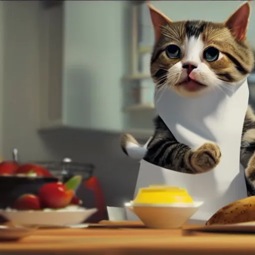 Image similar to a cute cat cooking a breakfast, highly detailed, masterful, cinematic