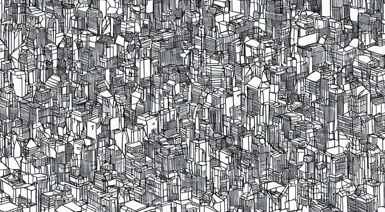 Image similar to axon drawing of a fictional dense city, in vector drawing style of charles williams