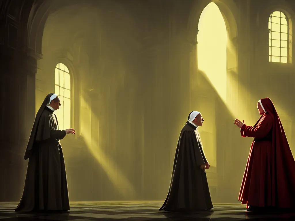 Prompt: Nun dancing with the pope, dramatic lighting, cinematic, establishing shot, high detail, cinematic lighting, post processed, 8k, concept art, artstation, matte painting, in the style of eddie mendoza, raphael lacoste, alex ross