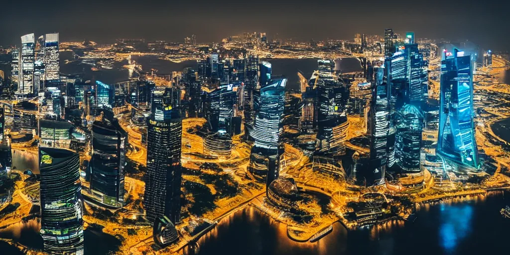 Image similar to futuristic singapour view at night from a plane, cinematic