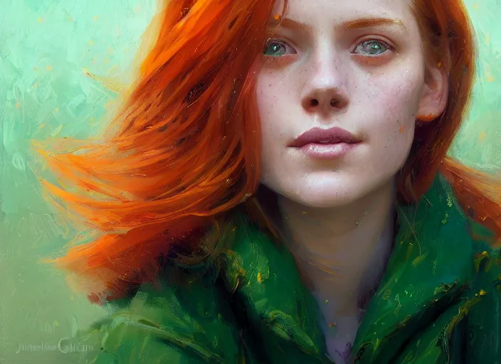 Prompt: portrait of a beautiful smiling girl with orange hair and freckles, green eyes, highly detailed, digital painting, concept art, smooth, sharp, focus, background is purple, rutkowski Jeremy Lipkin and Giuseppe Dangelico Pino and Michael Garmash and Rob Rey