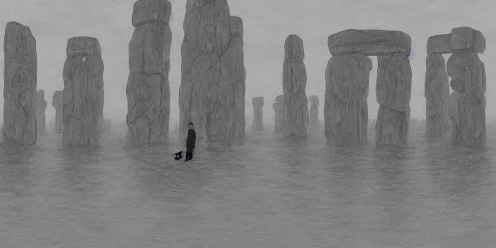 Image similar to a realistic cell - shaded studio ghibli concept art from paprika ( 2 0 0 6 ) of shouxing from close encounters of the third kind ( 1 9 7 7 ) in a flooded monument valley stonehenge. very dull colors, wide shot, hd, 4 k, hq