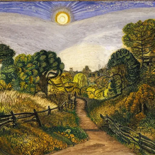 Prompt: a country path in the style of Samuel Palmer