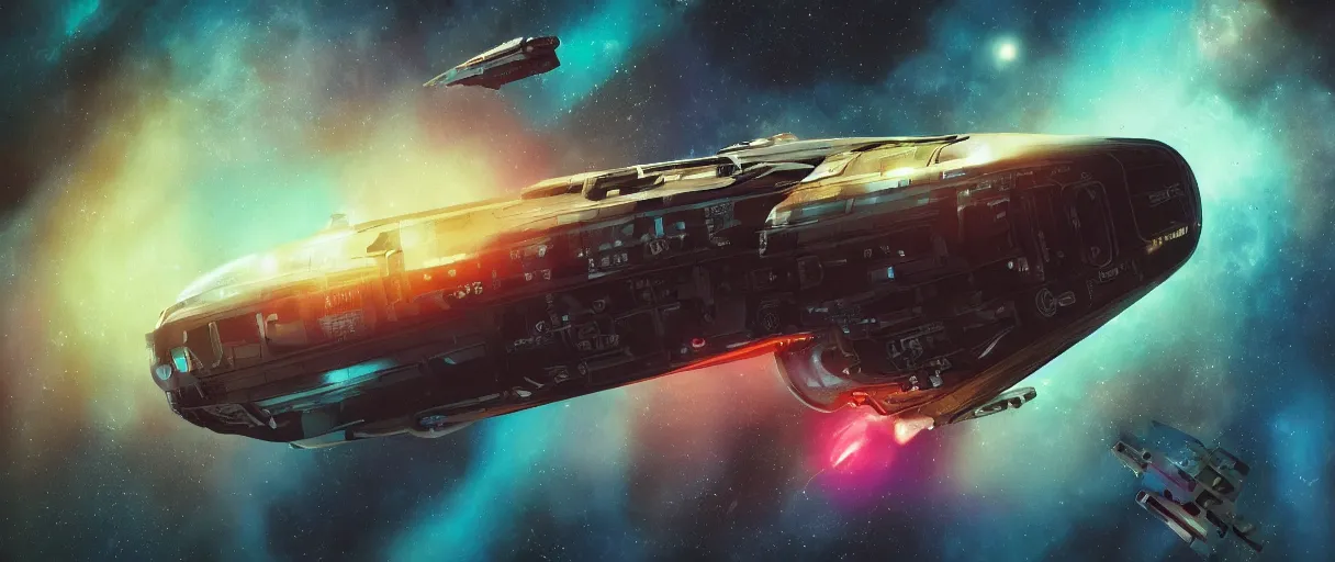 Prompt: tiny spaceship, deep space exploration!!!, flying, the expanse tv series, industrial design, the final frontier, illustrative!!, punk!!!, (neon colors), space pirate, hyperdetailed, hyperrealistic, utilitarian cargo ship, underexposed, cinematic lighting, 4k, wide angle, beksinski