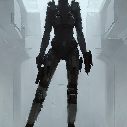 Image similar to concept art by greg rutkowski, a very tall, slender redhead girl wearing futuristic white and black tactical gear, brutalist futuristic interior, dim lighting, detailed portraits, nostalgic atmosphere, scifi, digital painting, artstation, concept art, smooth, sharp foccus ilustration, artstation hq