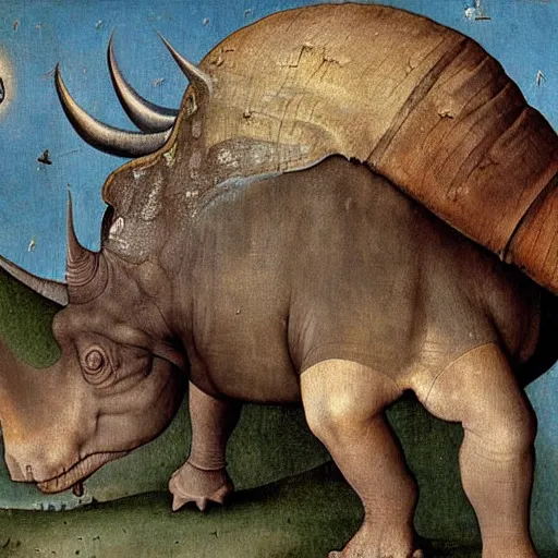 Image similar to Stunning painting of a triceratops by Hieronymus Bosch, high detail