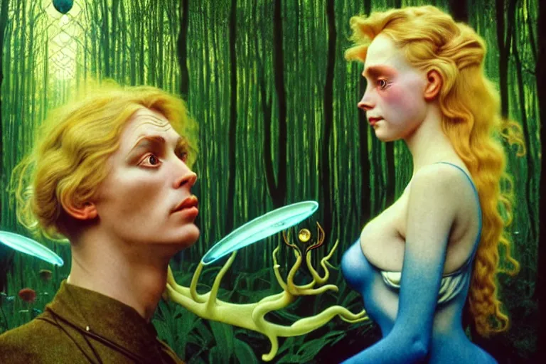 Prompt: realistic detailed photorealistic film portrait shot of a beautiful blond woman with an alien in a futuristic forest by Denis Villeneuve, Amano, Yves Tanguy, Alphonse Mucha, Ernst Haeckel, Andrei Tarkovsky, Edward Robert Hughes, Roger Dean, rich moody colours, wide angle, blue eyes