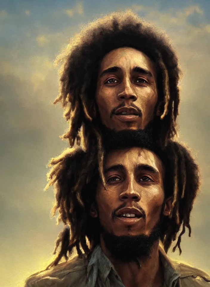 Prompt: closeup portrait of a young bob marley, serene light, gorgeous view, depth, high detail, digital art, painted by greg rutkowski and seb mckinnon, by tim burton, trending on artstation