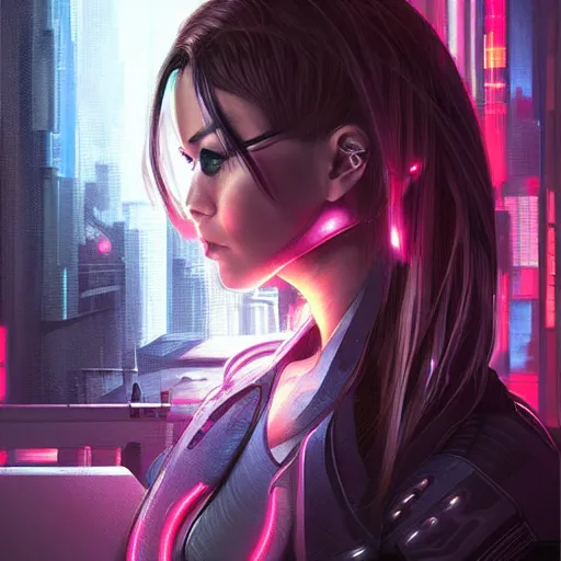 Image similar to art by artgerm, portrait of cyberpunk woman looking out of a window, cyberpunk setting, futuristic, highly detailed, intricate lighting, digital painting, sharp focus, illustration, trending on artstation.