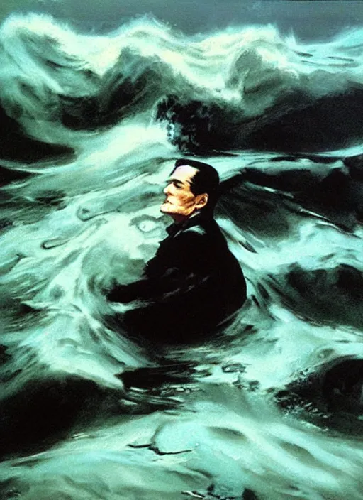 Image similar to swimming dale cooper drowning in black liquid, billowing black waves in the ocean, painting by phil hale, fransico goya, david lynch,'action lines '!!!, graphic style, visible brushstrokes, motion blur, blurry