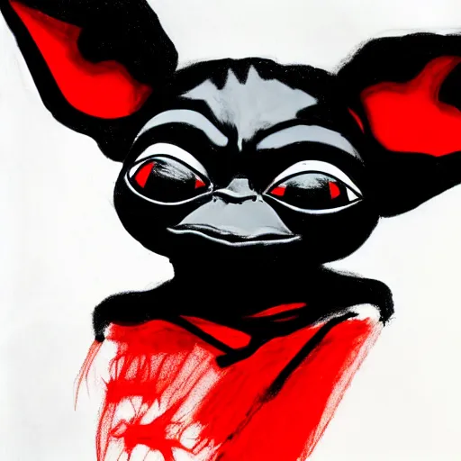 Image similar to abstract drawing of black and red baby yoda with black background, high contrast, 4k