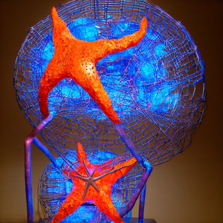 Image similar to hyperrealistic sculpture of a bronze ancient fossilized bulging starfish dusted with opalescent blue and iridescent red spraypaint in a nylon grid cage on a pedestal by ron mueck and duane hanson and lee bontecou, hyperrealistic dramatic colored lighting trending on artstation 8 k