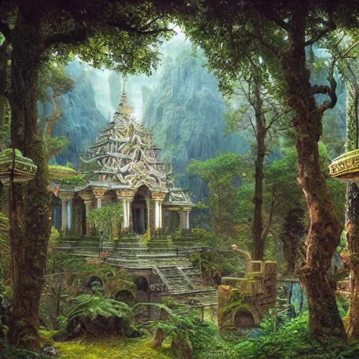 Image similar to a beautiful and highly detailed matte painting of a lost temple in a magical fantasy garden in a lush forest, intricate details, epic scale, insanely complex, 8 k, sharp focus, hyperrealism, very realistic, by caspar friedrich, albert bierstadt, james gurney, brian froud,