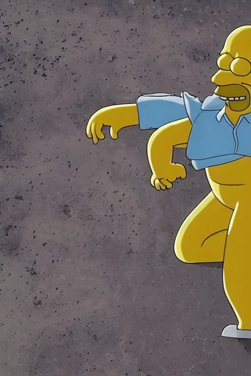 Image similar to An epic cinematic film still of a realistic Homer Simpson.