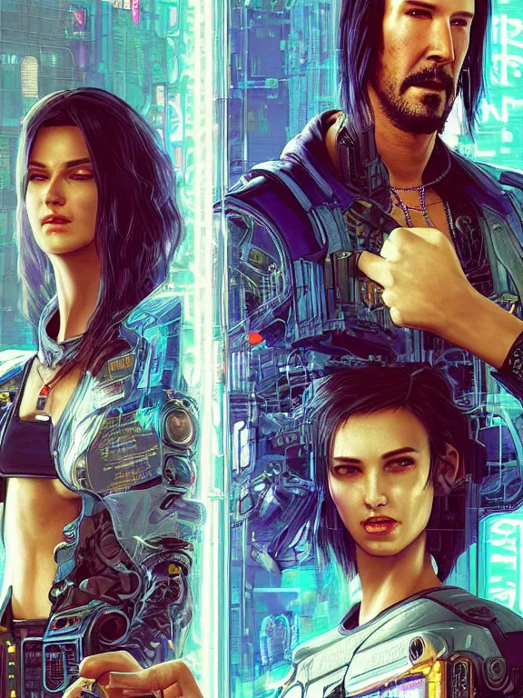 Image similar to a cyberpunk 2077 portrait of Keanu Reeves and V began a love story , electric cable , giant computer,film lighting,by laurie greasley,Lawrence Alma-Tadema,William Morris,Dan Mumford,trending on atrstation,FAN ART,full of color,Digital painting,face enhance,highly detailed,8K, octane,golden ratio,cinematic lighting