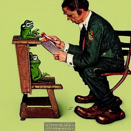 Prompt: pepe the frog writing a letter by norman rockwell