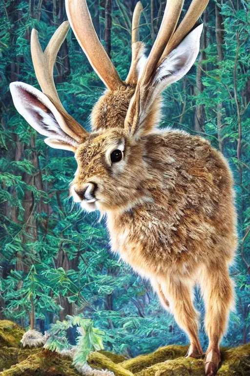 Prompt: medium shot jackalope in the museum, oil painting, detailed fur, highly detailed, sharp focus, digital painting, mystical blue blurred forest background artwork by Victor Adame Minguez + Yuumei + Tom Lovell + Sandro Botticelli,