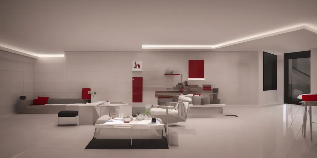 Image similar to interior photo of a ceramic tile futuristic house, octane render, minimalism, white and red colour palette, dramatic lighting