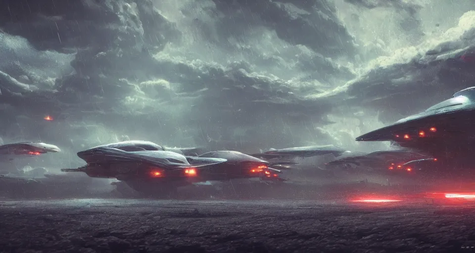 Prompt: an image of many spaceships in the night flying away from deserted dry planet by Paul Chadeisson, atmospheric, stormy weather, concept art, high detail, intimidating, cinematic, Artstation trending, octane render