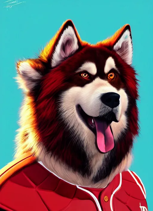 Image similar to commissioned full body portrait of a male anthro aslakan malamute with red fur playing baseball in a baseball stadium wearing a baseball uniform, by Kilian Eng, by Sandra Chevrier, trending on artstation