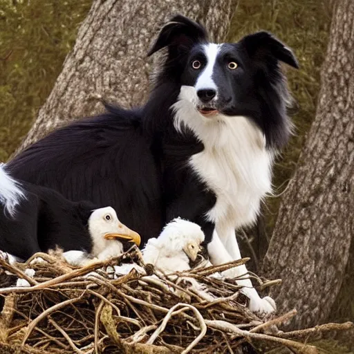 Image similar to a border collie protecting a baby eagle and human infant who are both in a nest in a forest, beautiful, golden hour, impressionist