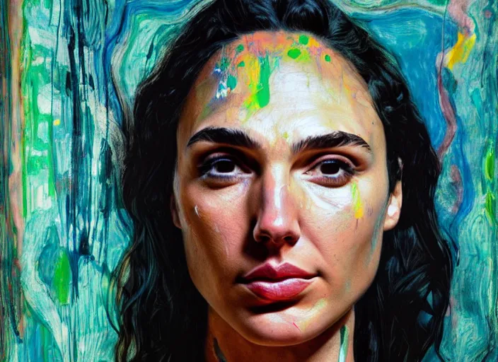 Image similar to portrait of gal gadot crying, by vincent lefevre and hernan bas and pat steir and hilma af klint, psychological, photorealistic, dripping paint, washy brush, rendered in octane, altermodern, masterpiece