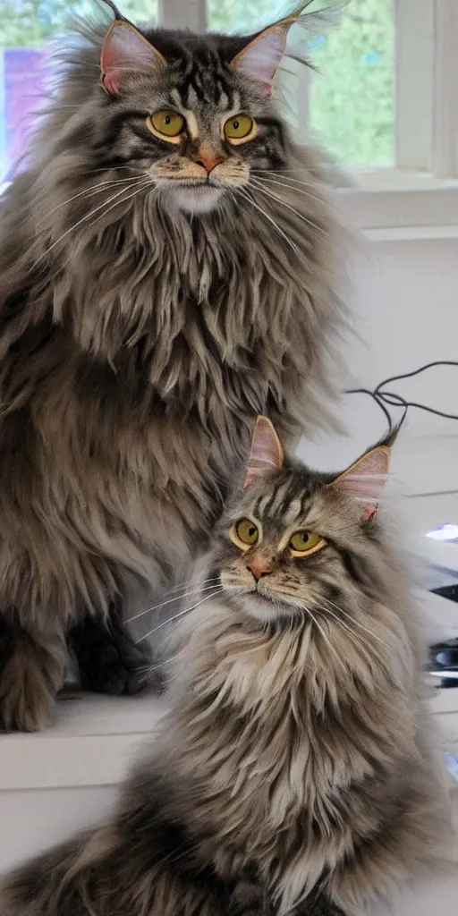 Image similar to a wise old maine coon explaining the beauty of mathematics to mouse