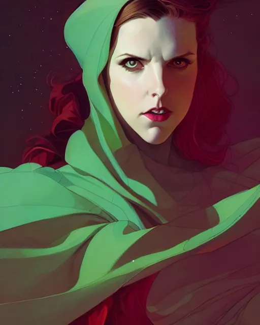 Prompt: Joshua Middleton comic art, artgerm, Mandy Jurgens art, cinematics lighting, beautiful Anna Kendrick supervillain, green dress with a black hood, angry, symmetrical face, Symmetrical eyes, full body, flying in the air over city, night time, red mood in background