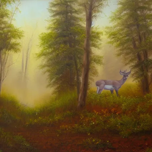 Image similar to an oil painting of a foggy forest with a spring and a deer