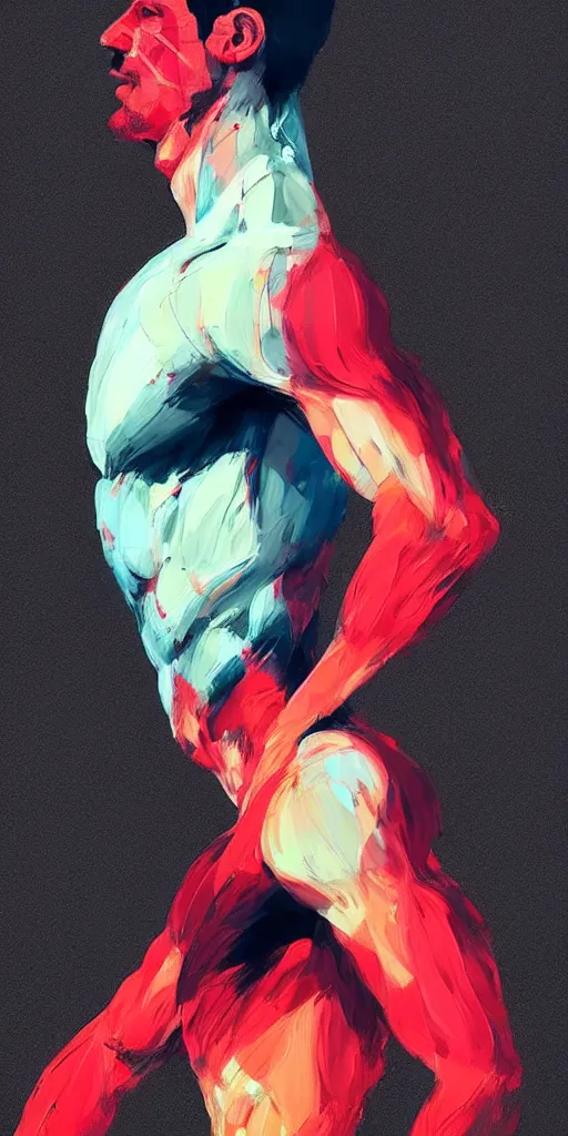 Prompt: abstract flowing brush strokes of the outline of the closeup torso of athletic man posing dramatically with no face, by conrad roset, dark background, painting trending on artstation