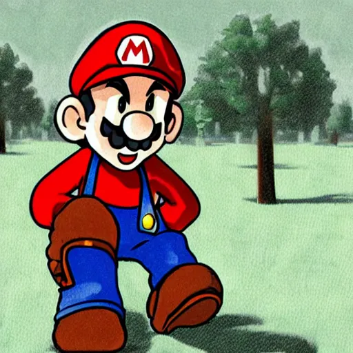 Prompt: Digital art of an aged Mario kneeling in a graveyard. The headstone in front of him says YOSHI. The trees in the graveyard are bare. The art evokes a sensation of loss and nostalgia.