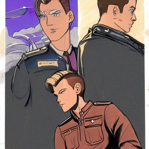 Prompt: character concept art of heroic square - jawed emotionless serious blonde handsome butch princely woman aviator, with very short butch slicked - back hair, wearing brown leather jacket, standing in front of small spacecraft, illustration, science fiction, retrofuture, highly detailed, ron cobb, mike mignogna