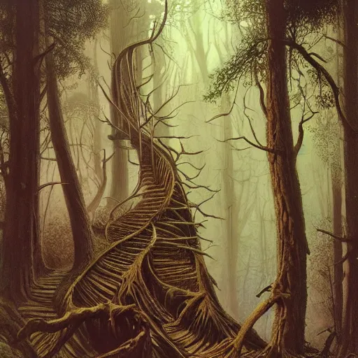 Prompt: dead forest, cosmic portal, stair in the forest by gerald brom