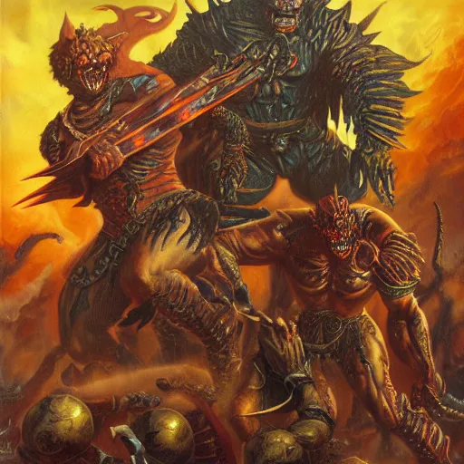 Prompt: demons warriors by boris vallejo and guillermo del toro, highly detailed, sharp, 8 k, deep colors, oil painting, sharp focus, warrior armor and weapons, pixel artwork, amazing artwork