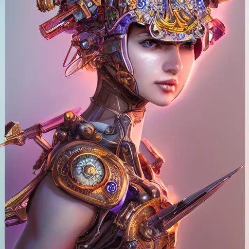 Image similar to studio portrait of lawful good colorful female holy mecha paladin absurdly beautiful, elegant, young sensual graceful woman, ultrafine hyperrealistic detailed face illustration by kim jung gi, irakli nadar, intricate linework, sharp focus, bright colors, matte, octopath traveler, final fantasy, unreal engine highly rendered, global illumination, radiant light, intricate environment