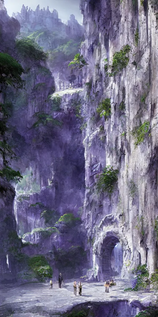 Image similar to Gorge in the mountain, white stone temple ruins, night dramatic lighting, blue and purple tones, wide camera angle, matte painting, trending on ArtStation, concept art, delightful surroundings, high detail