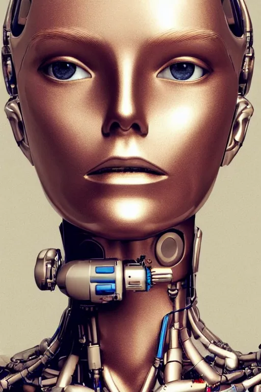 Image similar to robot with human face, female head, full body angle, woman human face, human face realistic, beautiful blonde hair, human head, human head with blonde hair, blonde hair human head, blonde hair, human realistic face, human head skin, cyborg frame concept, cyborg by ales-kotnik, sci-fi android female, the body is made of wires, robotic body, cyborg body, cyborg bust body, robot body cyborg, full body