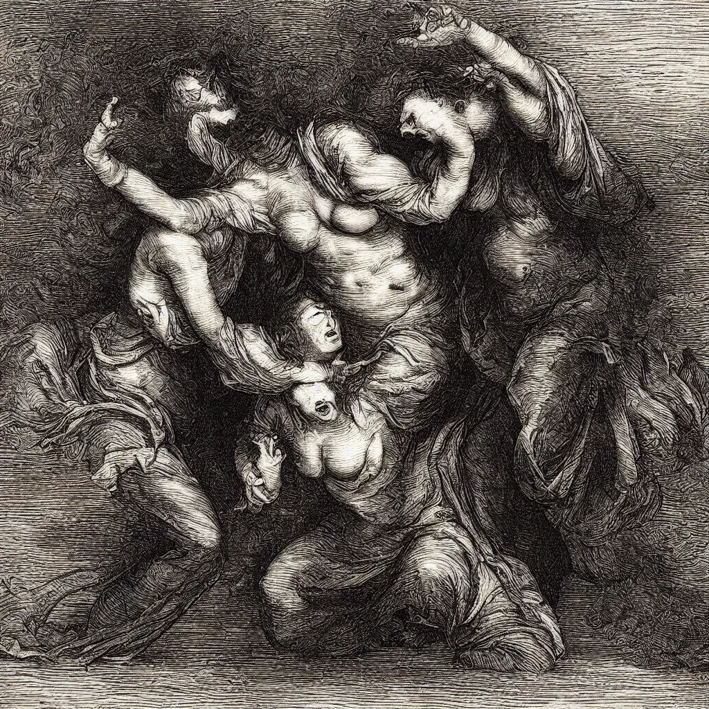 Image similar to close up of a woman cyring and rage, gustav dore