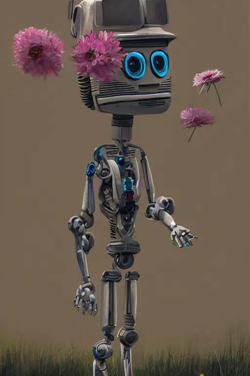 Prompt: a painting of a robot with a flower in its head, a digital painting by Scott Listfield, trending on Artstation, digital art, made of flowers, digital painting, speedpainting