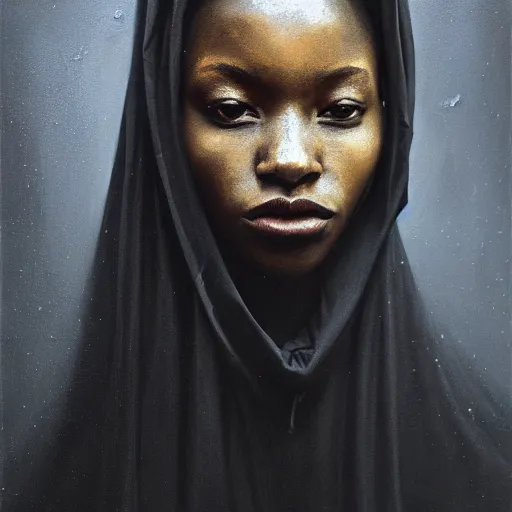 Image similar to a portrait of a young black woman wearing a long dark cloak, hood and shadows covering face, anatomically correct, beautiful perfect face, enigmatic, oil painting, matte painting, black background, Volumetric Golden dappled dynamic lighting, Highly Detailed, Cinematic Lighting, Unreal Engine, 8k, HD, by Beksinski