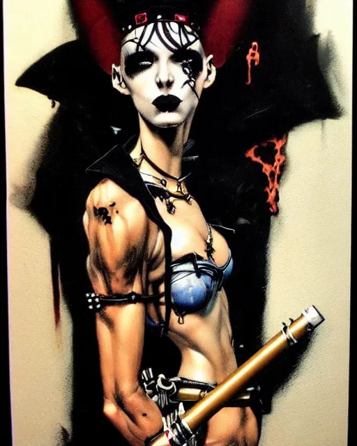 Image similar to portrait of a skinny punk goth soldier smoking a cigarette by simon bisley, john blance, frank frazetta, fantasy, barbarian