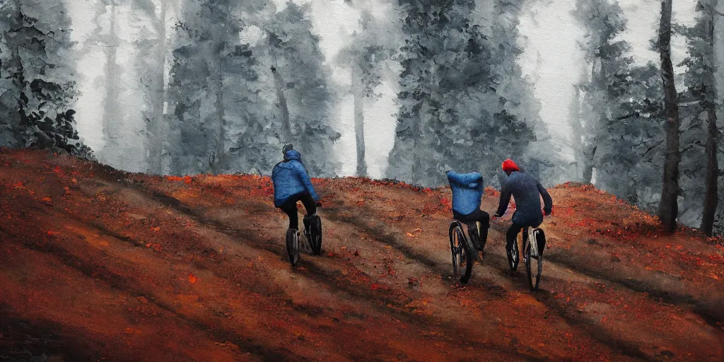 Image similar to Exactly two men biking alone up a steep forest hill. One with a deep dark blue sweater and the other with a wine red sweater. sweaty. Oil painting. Emotional. Trending on artstation. Steep. Nordic Trees. Rustic. Artistic.