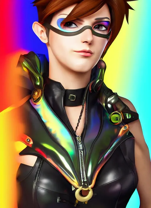 Image similar to portrait bust digital artwork of tracer overwatch, wearing iridescent rainbow latex and leather straps catsuit outfit, expressive face, makeup, in style of mark arian, angel wings, wearing detailed leather collar, chains, black leather harness, detailed face and eyes,