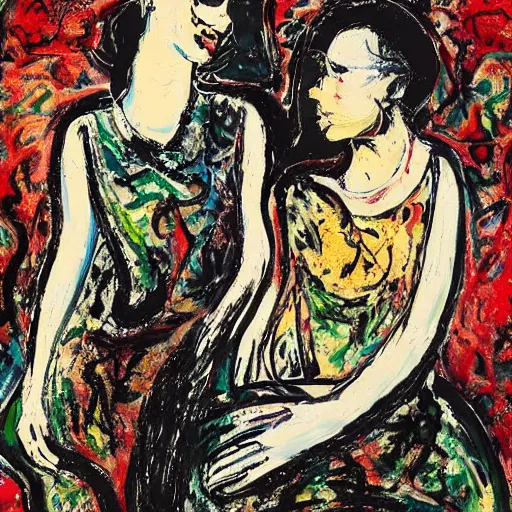 Image similar to a portrait of two beautiful 3 0 year old sisters in a scenic environment by jackson pollock