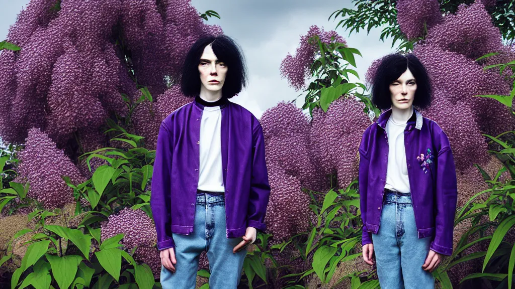 Image similar to portrait of a androgynous woman with lilac frizzy hair, wearing an embroidered jeans jackets, a high collar t - shirt and baggy jeans, in the style of rogier van der weyden and jacopo da pontormo, standing in a botanical garden, bjork aesthetic, masterpiece, cyberpunk, asian art