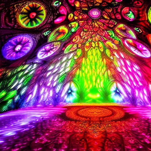 Image similar to underground cinema, psychedelic, colorfull lights, fractals, godrays