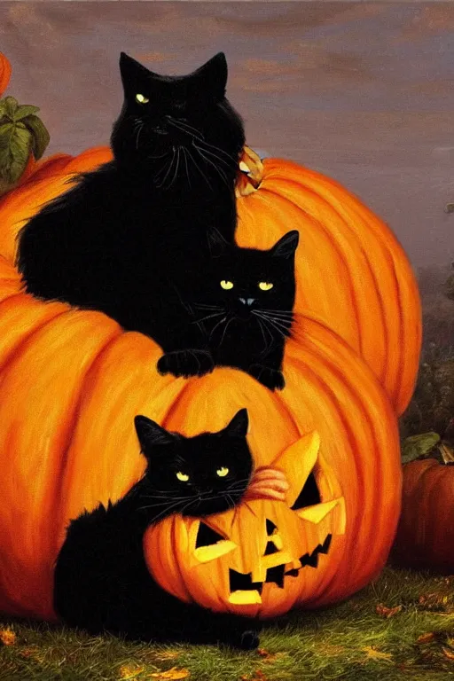 Prompt: dark fantasy painting of giant black cat sitting on a pumpkin, by bekinski, by thomas cole